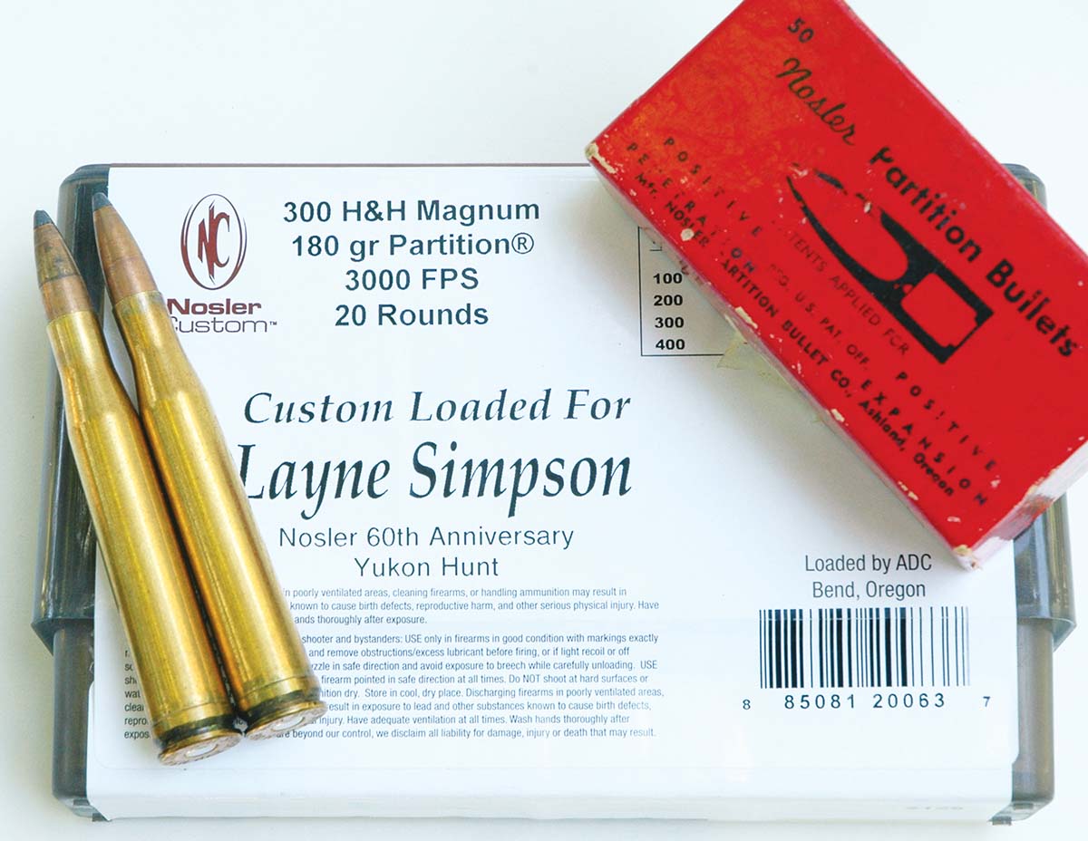 Ammunition loaded by Nosler for Layne’s hunt in the Yukon. The 180-grain Partition bullets shown were in the 1940s red packaging.